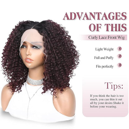 quickwig Curly Lace Front Wigs Short Kinky Curly Wig 13×4×1 HD Glueless Lace Curly Wig Ombre Wine Red Synthetic Lace Wigs for Women Deep Wave Hair (1B/99J)