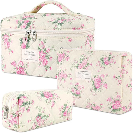 Makeup Bag, 3 Pcs Cotton Floral Quilted Makeup Bag Set, Large Toiletry Travel Cosmetic Bag for Women