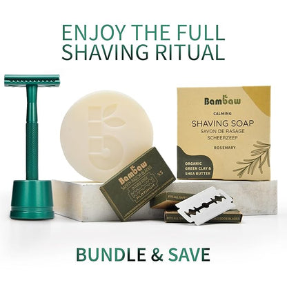 Bambaw Double Edge Close Comb Safety Razor with Stand, Shaving Razor for Men with 5 Safety Razor Blades, Reusable Eco Freindly DE Metal Razor – Sea Green