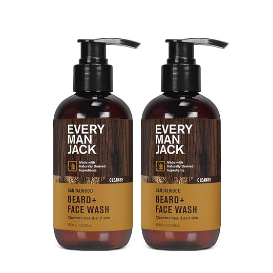 Every Man Jack Sandalwood Beard + Face Wash - Made w/Naturally Derived Ingredients like Aloe Vera & Coconut - 6.7oz (2 Pack)