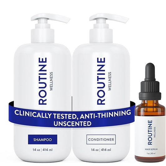 Routine Wellness Shampoo and Conditioner Set and Hair Serum for Thinning Hair - DHT Blocker Women & Men - Color Safe Shampoo for Hair Loss & Healthier Hair - Unscented Set + Serum