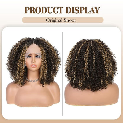 Quick Wig Curly Lace Front Wigs Short Kinky Curly Wig 13×4×1 HD Glueless Lace Curly Wig Highlight Synthetic Lace Wigs for Women Deep Wave Wig (4/27#)