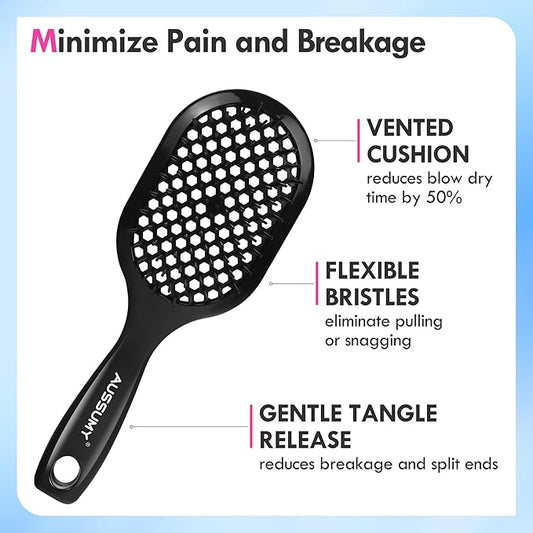 Vented Detangling Hair Brush - 2 Pack Detangler Hairbrush for Effortless Tangle Removal - Ultra-Soft Bristles -For Natural Curly Straight Wet Dry Damaged Hair for Women Men Kids - Black & Blue