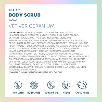 Seaweed Bath Co. Calm Body Scrub, Vetiver Geranium Scent, 6 Ounce, Sustainably Harvested Seaweed, Sea Kelp, Glycolic Acid