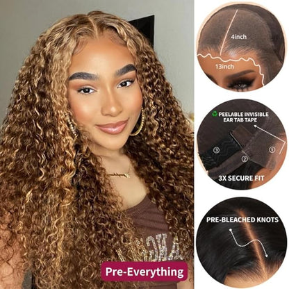 Beauty Forever Pre Everything Highlight Curly 13x4 Lace Front Wig Glueless Put on and Go Wig Human Hair, Pre Plucked Honey Blonde Pre Cut Lace Wig Pre Bleached Knots for Beginner 150% Density 22inch