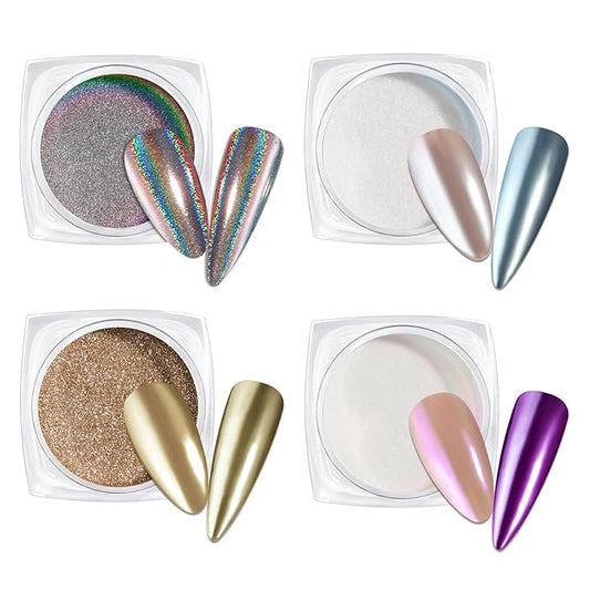 Beetles Gold Chrome Nail Powder for Nails Mirror Effect Holographic Shell White Nail Glitter Kit for Nail Art Decoration 4 Colors 0.5g/Jar
