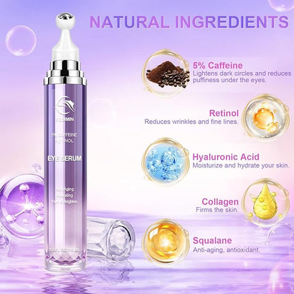 Caffeine Eye Cream for Dark Circles Under Treatment Eye Serum for Wrinkles Fine Lines, Retinol Under Cream for Puffiness and Bags with 360° Massage Roller-Ball