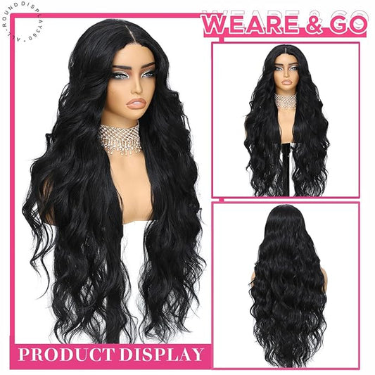 Synthetic Lace Front Wig 30Inch Long Wavy Natural Balck Pre Plucked Ready to Wear 4x1 Glueless Body Wave Wig for Black Women Heat Resistant Fiber Synthetic Hair