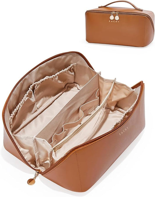 EACHY Travel Makeup Bag,Large Capacity Cosmetic Bags for Women,Waterproof Portable Pouch Open Flat Toiletry Bag Make up Organizer with Divider and Handle