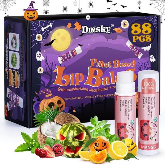 Dmsky Halloween Lip Balm,10 Flavors Natural Lip Balm in Bulk, Moisturizing Lip Balm Stocking Dry Lips, Men Women Kids Party Gifts, Lip Care Set 88 count （4.2g/0.15 Oz)