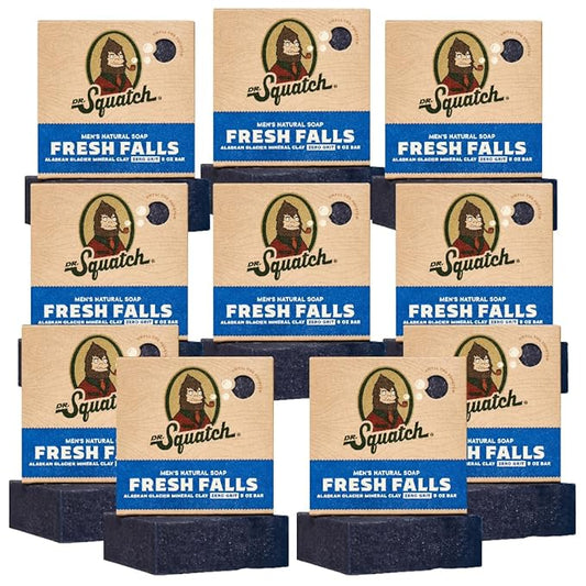Dr. Squatch Natural Bar Soap for Men - Cold Process Soap with No Harsh Chemicals - Fresh Falls (5 oz, 10-Pack)