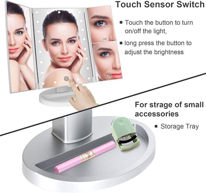 deweisn Tri-Fold Lighted Vanity Tabletop Mount Mirror with 21 LED Lights, Touch Screen and 3X/2X/1X Magnification, Two Power Supply Modes Make Up Mirror,Travel Mirror 10.83" H x 6.3" W
