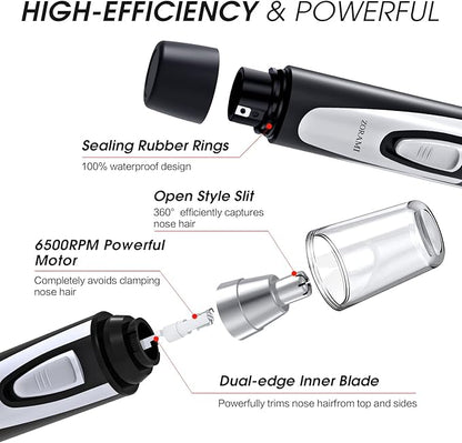 Ear and Nose Hair Trimmer Clipper - 2025 Professional Painless Eyebrow & Facial Hair Trimmer for Men Women, Battery-Operated Trimmer with IPX7 Waterproof, Dual Edge Blades for Easy Cleansing Black