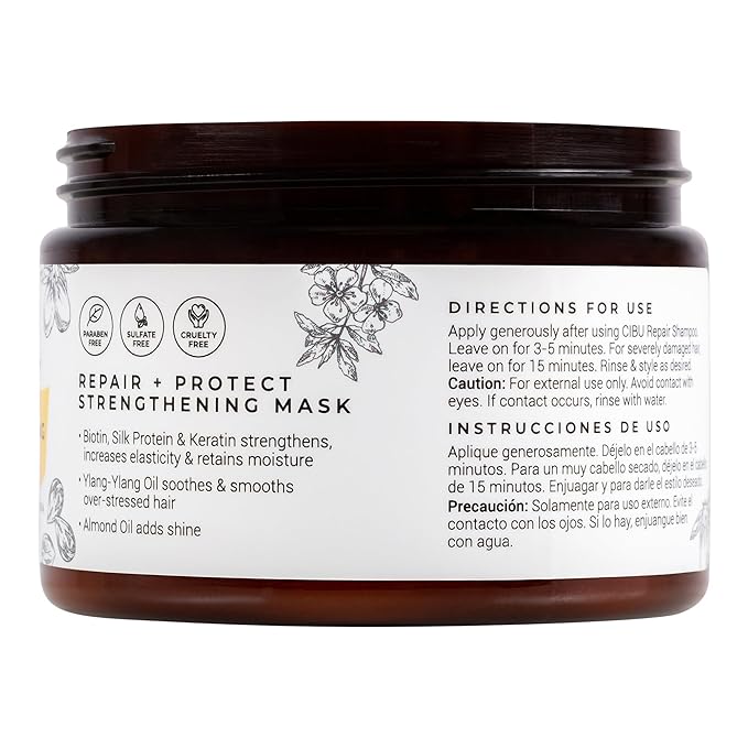 CIBU Repair Strengthening Mask - Hydrating for Damaged Hair - Keratin and Almond Moisture Hair Mask - 12oz