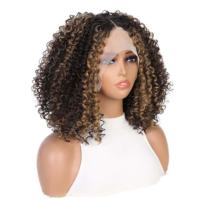 Quick Wig Curly Lace Front Wigs Short Kinky Curly Wig 13×4×1 HD Glueless Lace Curly Wig Highlight Synthetic Lace Wigs for Women Deep Wave Wig (4/27#)
