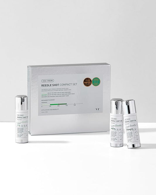 VT COSMETICS Reedle Shot Compact Set, Microneedling Serum Gift Set with Reedle Shot 100, 300, 700, Exfoliating, Anti-Aging, Travel Size Skincare for Women (0.34 oz / 10ml Each)