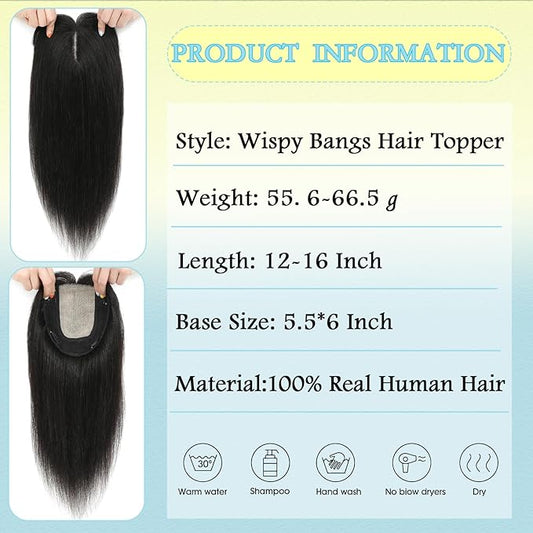 Hair Toppers for Women Real Human Hair, 360° 3D Toppers Pieces for Women with Thinning Crown Wispy Bangs 12 Inch Upgrade Big Basement (Black, 12 Inch Wispy Bangs)
