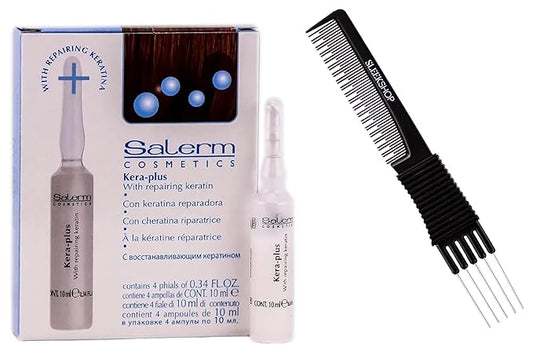 Salerm Cosmetics KERA-PLUS with Repairing Keratin, Straight Hair for Straightening, Protects from Damage Caused by Heat Tools (w/Sleek Teasing Comb) Keraplus + (4 phials of 0.34 oz (PACK OF 1))