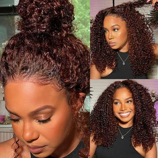Beauty Forever Pre-Everything Glueless Frontal Wig 13x4 Reddish Brown Curly Pre Cut Lace Front Wigs Bye Bye Knots Put on and Go HD Lace Human Hair Wig Pre-Bleached Knots 150% Density 20 Inch