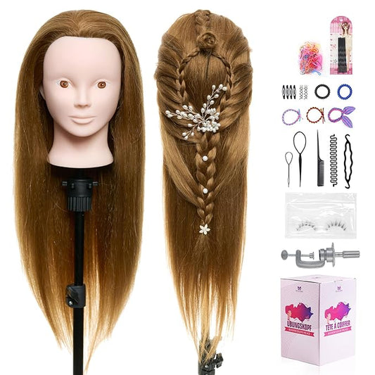 Neverland Beauty Mannequin Head with 80% Real Human Hair, 26 Inch Makeup Training Head for Braiding, Styling & Cosmetology Practice, False Eyelashes #27