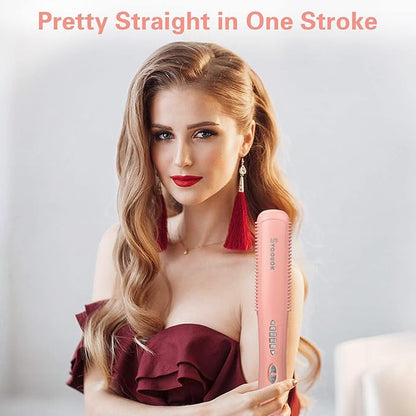 Hair Straightener Comb - Ceramic Hot Comb Hair Straightener Electric Straightening Comb for Black Hair 6 Temperature Settings, 20 Mins Auto-Off Safe & Salon Styling (Pink)
