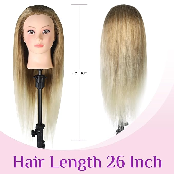 Neverland Beauty Mannequin Head with Hair and Wig Stand Tripod Set, 26 Inch Ombre Golden Mannequin Head with Stand Hair Braiding Cosmetology Manikin Head with Tripod For Braiding Styling