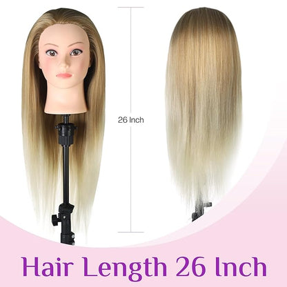 Neverland Beauty Mannequin Head with Hair and Wig Stand Tripod Set, 26 Inch Ombre Golden Mannequin Head with Stand Hair Braiding Cosmetology Manikin Head with Tripod For Braiding Styling