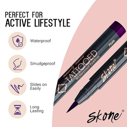Skone Waterproof Liquid Eyeliner - Long Lasting & Smudge Proof - Insanely Intense Tattooed Eyeliner Pen with Felt Tip Applicator - Plum Black (0.07oz)