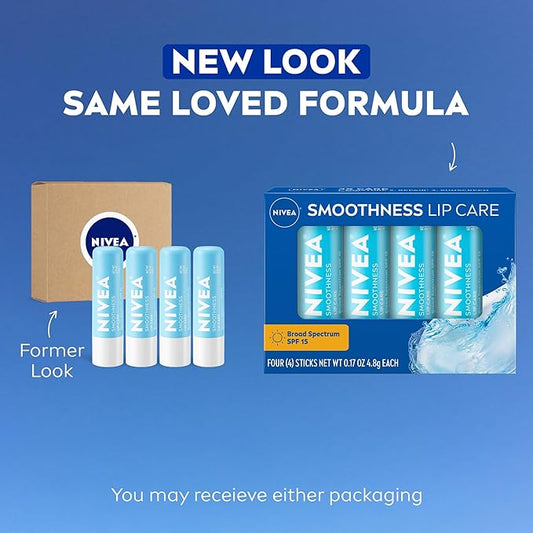 NIVEA Smoothness Lip Care, Sunscreen Lip Balm with SPF 15 Broad Spectrum, Shea Butter, Nourishing Oils and Vitamin C & E, 3-in-1 Moisture, Repair and Sunscreen, 0.17 Oz Stick, Pack of 4