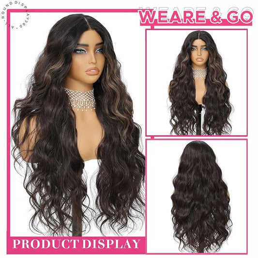 30 Inch Synthetic Lace Front Wig, 4X1 Glueless Pre-Cut Lace Wear and GO Synthetic Wavy Wig for Women Body Wave Middle Part, Beginner-Friendly for Daily Use (Skunk Stripe Brown)