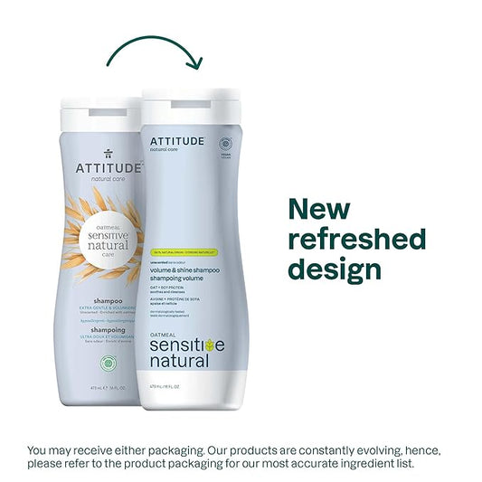 ATTITUDE Hair Shampoo for Sensitive Dry Scalp, EWG Verified, Soothing Oat, For Thin Hair, Naturally Derived Ingredients, Vegan and Plant-Based, Volume and Shine, Unscented, 16 Fl Oz