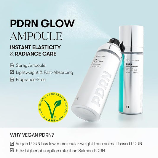 VT COSMETICS PDRN Glow Ampoule, PDRN Facial Mist, Deep Hydration Spray Serum, Vegan Skin Care, Light-weight Face Moisturizer, Plumping Effect, Fragrance-Free, Korean SkinCare (3.38 fl oz / 100 ml)