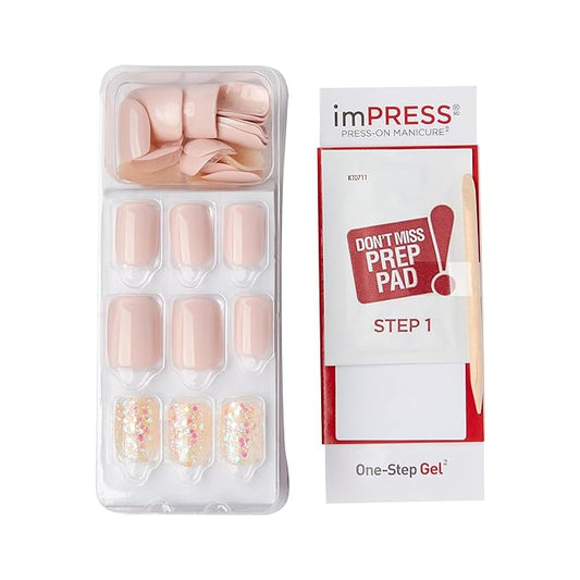 KISS imPRESS No Glue Mani Press On Nails, Design, 'Dorothy', Pink, Short Size, Squoval Shape, Includes 30 Nails, Prep Pad, Instructions Sheet, 1 Manicure Stick, 1 Mini File