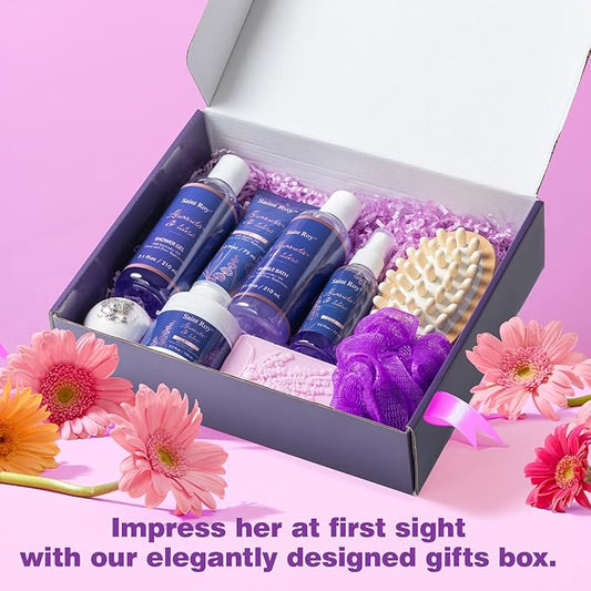 Bath and Body Gift Basket for Women and Men - Lavender Relaxing Spa Set With Massage Body Rush, Bath Bomb - Birthday Gifts for Her, Mom - Unique Self Care Idea