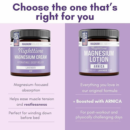 Nighttime Magnesium Lotion with Arnica – Soothing Relief & Relaxation, Highly Concentrated Magnesium for Muscles & Joints – Apply to Legs or Feet Before Bed – Skin-Friendly
