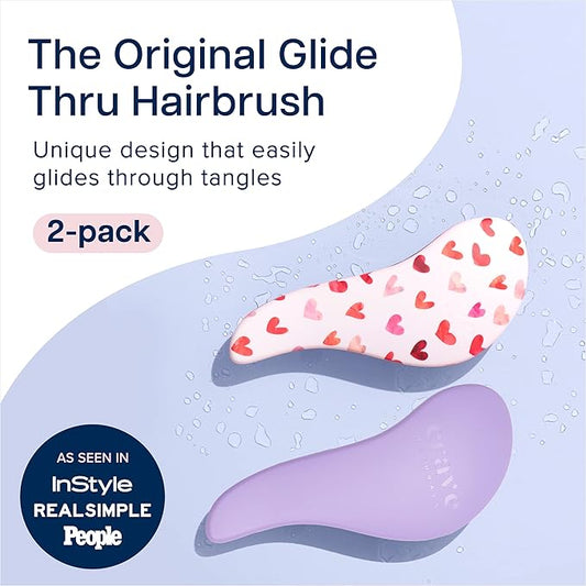 Crave Naturals Glide Thru Detangling Hair Brush for Adults and Kids - Detangler Hairbrush for Curly or Straight, Wet or Dry Hair - Gentle on Tangles Comb - Purple and Pink Hearts (Pack of 2)