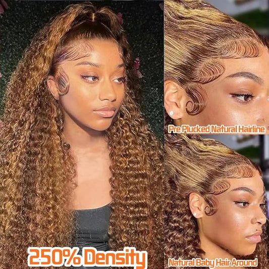 CHEETAHBEAUTY #4/27 Ombre Highlight Deep Wave 13X6 HD Transparent Lace Front Wigs Human Hair Brazilian Deep Curly Human Hair Wigs for Black Women Pre Plucked with Baby Hair 250% Density(20inch)