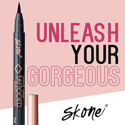 Skone Waterproof Liquid Eyeliner - Long Lasting & Smudge Proof - Insanely Intense Tattooed Eyeliner Pen with Felt Tip Applicator - Plum Black (0.07oz)