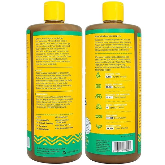 Alaffia Authentic African Black Soap Variety 2-Pack – All-In-One Liquid Soap, Travel-Size Eucalyptus Tea Tree + Full-Size Peppermint Body Wash, Face Wash, Shampoo, Shaving Soap