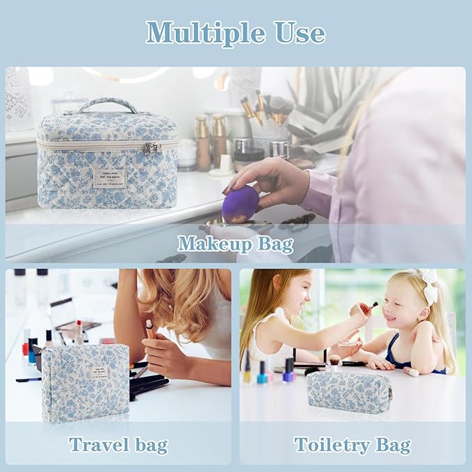 Makeup Bag, 3 Pcs Cotton Floral Quilted Makeup Bag Set, Large Toiletry Travel Cosmetic Bag for Women