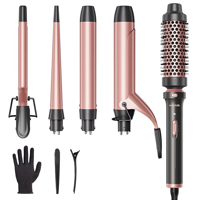 Wavytalk 5 in 1 Curling Iron Set with Curling Brush and 4 Interchangeable Ceramic Curling Wand (0.35"-1.25”), Instant Heat Up, Dual Voltage Hair Curler