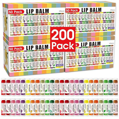 AZEN 200 Pack Lip Balm, Natural Lip Balm Bulk, Lip Care Product, Moisturizing Lip Balms for dry cracked lips - 12 Flavors