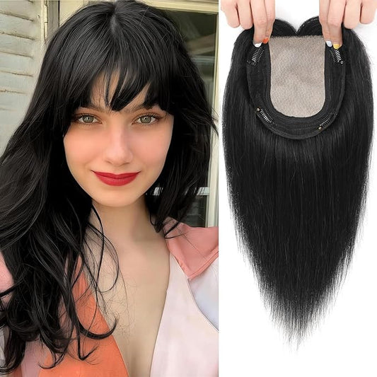 Hair Toppers for Women Real Human Hair, 360° 3D Toppers Pieces for Women with Thinning Crown Wispy Bangs 12 Inch Upgrade Big Basement (Black, 12 Inch Wispy Bangs)
