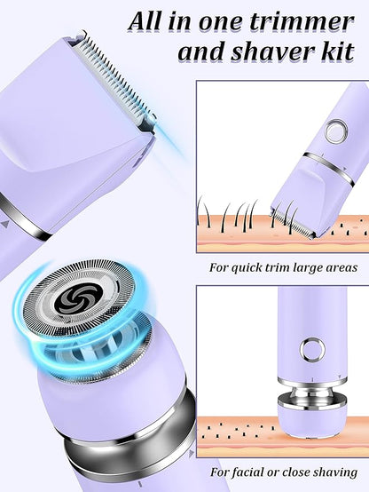 Bikini Trimmer and Shaver Kit for Women - 2-in-1 Wet/Dry Electric Body Hair Trimmer Facial Hair Removal Cordless Waterproof Bikini Shaver Razor for Face Lip Chin Pubic Underarm Legs (Purple)