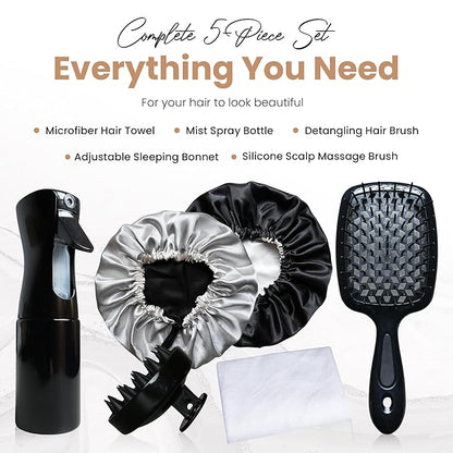 Curly Hair Essentials Set - Mist Spray Bottle For Styling, Detangler Brush, Scalp Massager For Hair Growth, Silicone Scrubber, Turban Towel For Women, Microfiber Wrap, Satin Sleeping Bonnet