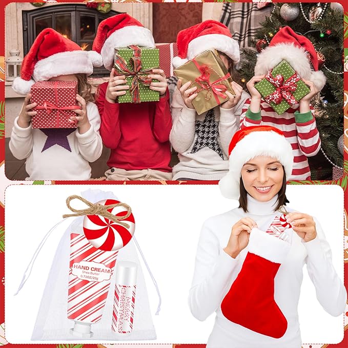 144 Pcs Christmas Candy Cane Lip Balm Hand Cream Set Party Favors Including 36 Lip Balm 36 Moisturizing Hand Cream 36 Bags 36 Cards and Ropes for Xmas Accessories Gifts