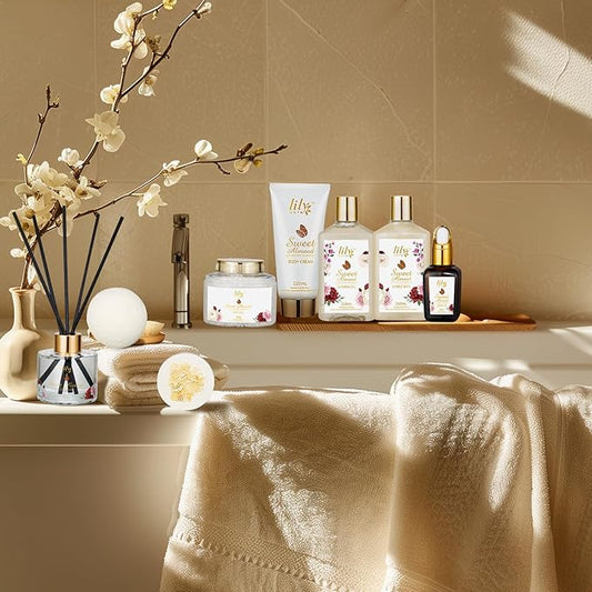 Mothers Day Gifts for Mom Spa Gift Basket Set for Women 17-Piece Almond Luxury Spa Gift Set Bath & Body Care Kit with Shower Gel, Body Cream | Valentine's, Christmas, Birthday Gifts for Her, Wife, Mom