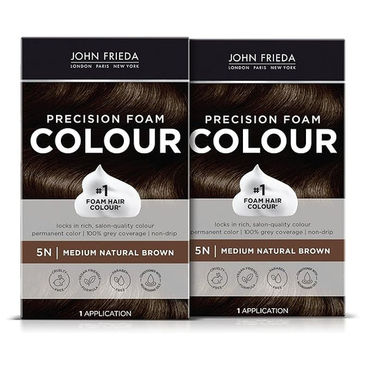 John Frieda Precision Foam Colour, Medium Natural Brown 5N, Full-coverage Hair Color Kit, Anti-Fade Gray Coverage, Deep Color Saturation Hair Dye, Pack of 2