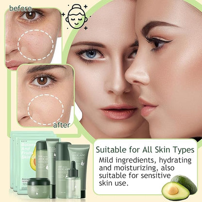 Avocado Skincare Set,Hydrating Travel Size Avocado Face Wash,Moisturizing Face Toner & Face Serum & Face Cream,Eye Cream Skin Care Gift Set for Women（9PCS)