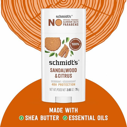 Schmidt's Aluminum-Free Vegan Deodorant Sandalwood & Citrus for Women and Men, with 24 Hour Odor Protection, Natural Ingredients, Cruelty-Free, 2.65 oz